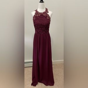 Soieblu Full Length Plum Halter Gown with Lace Floral Overlay - Size Small